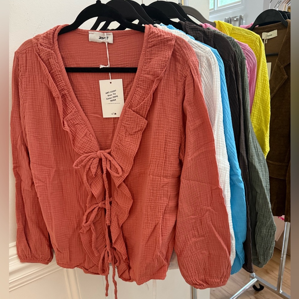 ShopEvelynne Rust Ruffle Tie-Front Gauze Blouse
